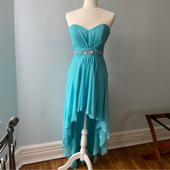 Morgan & co Light blue prom dress hi-low sweetheart neckline strapless size 3/4 - Picture 4 of 11
